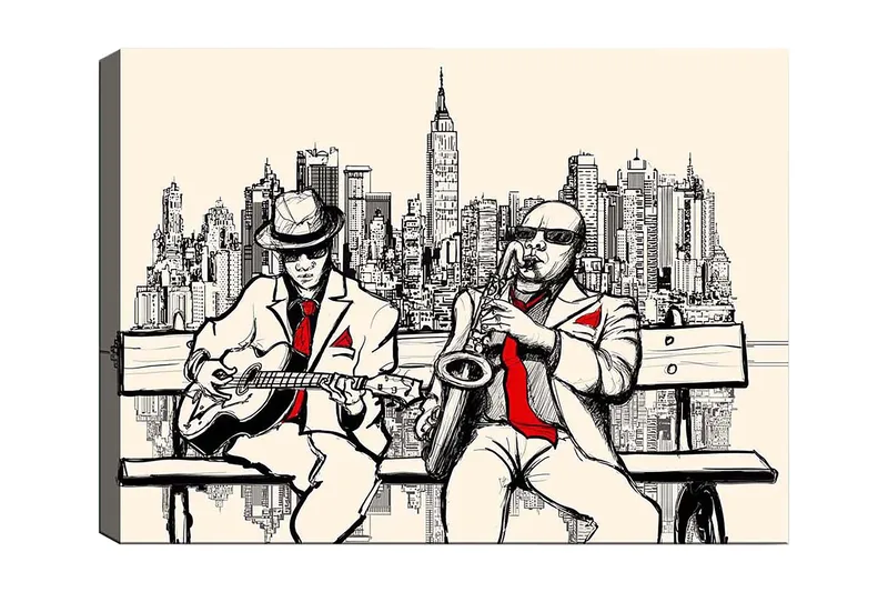 Lærred 70x100 cm - To musikere på en bænk med New York som silhuet, Beige / Sort / Rød