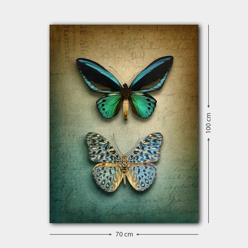 Lærred 70x100 cm - To smukke sommerfugle i en harmonisk komposition - Turkis / Grøn / Blå - Boligtilbehør - Billeder & kunst - Billeder på lærred