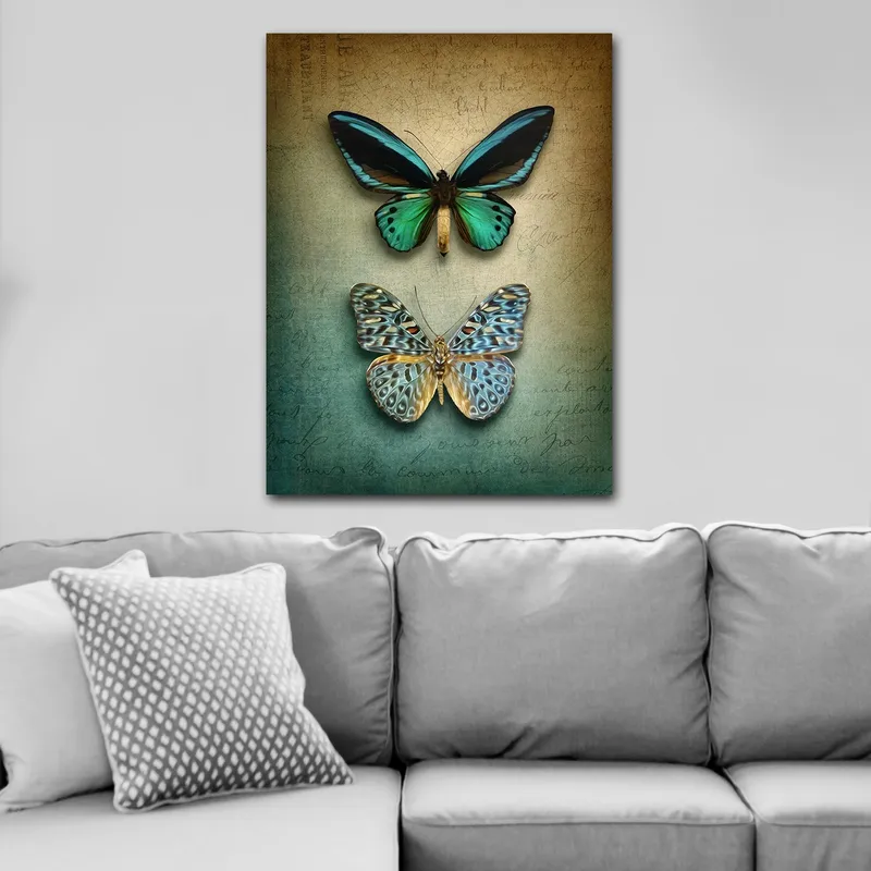 Lærred 70x100 cm - To smukke sommerfugle i en harmonisk komposition, Turkis / Grøn / Blå