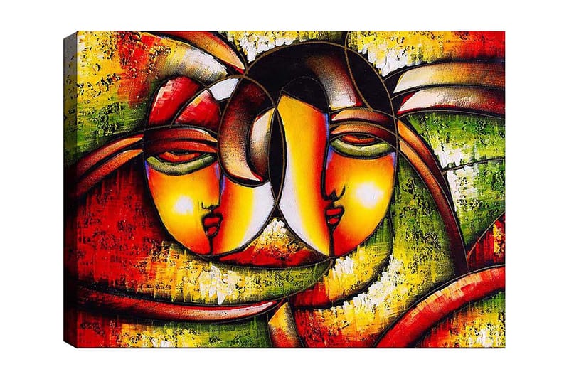 Lærred 70x100 cm - To stiliserede ansigter der udtrykker nærhed og samhørighed, Rød / Grøn / Gul