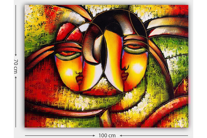 Lærred 70x100 cm - To stiliserede ansigter der udtrykker nærhed og samhørighed - Rød / Grøn / Gul - Boligtilbehør - Billeder & kunst - Billeder på lærred