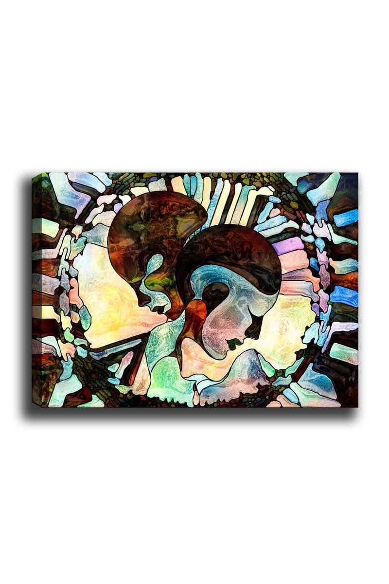 Lærred 70x100 cm - To stiliserede ansigter forenet i en harmonisk komposition, Mørkebrun / Lyseblå / Grøn