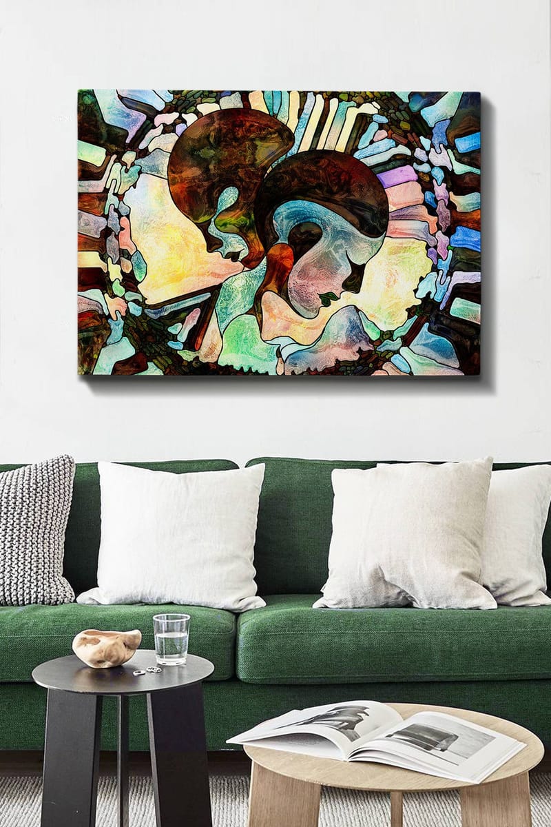 Lærred 70x100 cm - To stiliserede ansigter forenet i en harmonisk komposition - Mørkebrun / Lyseblå / Grøn - Boligtilbehør - Billeder & kunst - Billeder på lærred