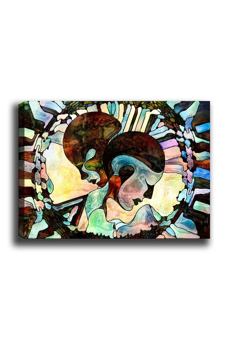 Lærred 70x100 cm - To stiliserede ansigter forenet i en harmonisk komposition, Mørkebrun / Lyseblå / Grøn