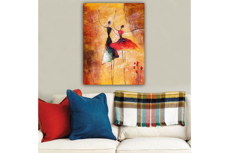 Lærred 70x100 cm - To stiliserede dansere i farverige kjoler, der udtrykker bevægelse og glæde - Rød / Sort / Orange - Boligtilbehør - Billeder & kunst - Billeder på lærred