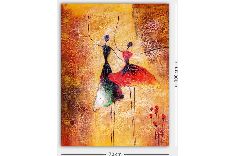 Lærred 70x100 cm - To stiliserede dansere i farverige kjoler, der udtrykker bevægelse og glæde - Rød / Sort / Orange - Boligtilbehør - Billeder & kunst - Billeder på lærred