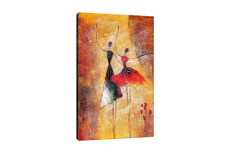 Lærred 70x100 cm - To stiliserede dansere i farverige kjoler, der udtrykker bevægelse og glæde, Rød / Sort / Orange