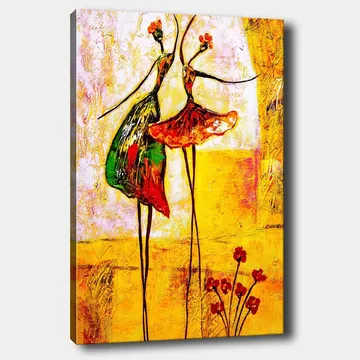 Lærred 70x100 cm - To stiliserede dansere i farverige kjoler, der udtrykker glæde og bevægelse - Rød / Grøn / Gul - Boligtilbehør - Billeder & kunst - Billeder på lærred