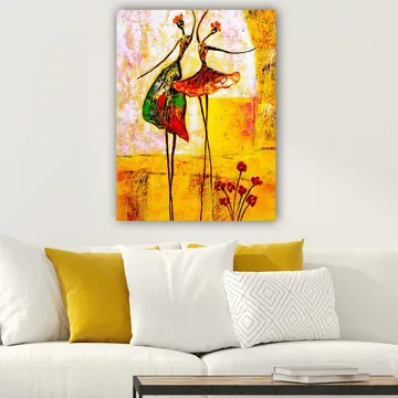 Lærred 70x100 cm - To stiliserede dansere i farverige kjoler, der udtrykker glæde og bevægelse - Rød / Grøn / Gul - Boligtilbehør - Billeder & kunst - Billeder på lærred
