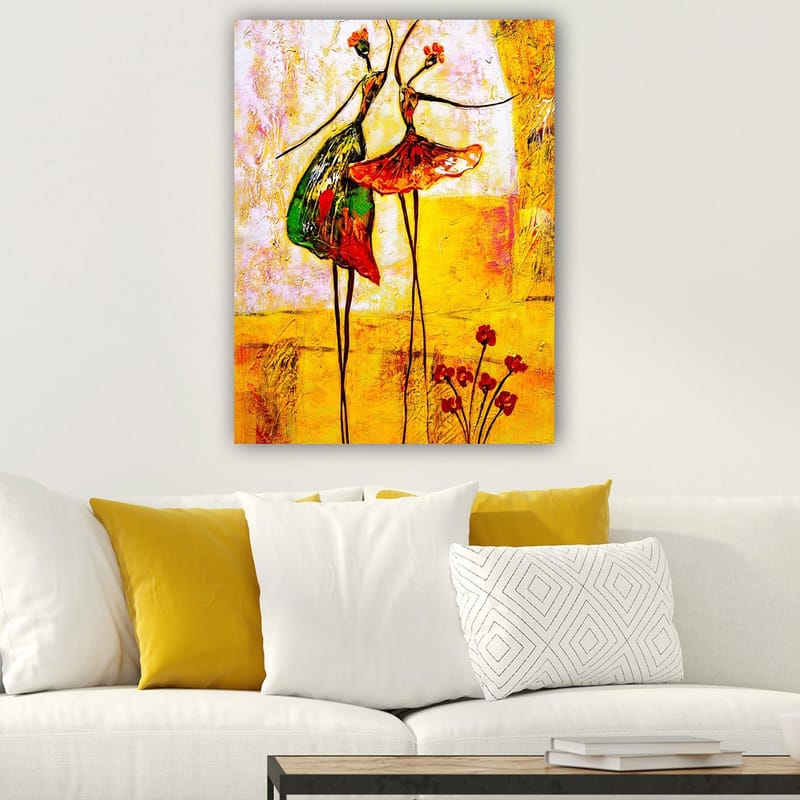 Lærred 70x100 cm - To stiliserede dansere i farverige kjoler, der udtrykker glæde og bevægelse - Rød / Grøn / Gul - Boligtilbehør - Billeder & kunst - Billeder på lærred
