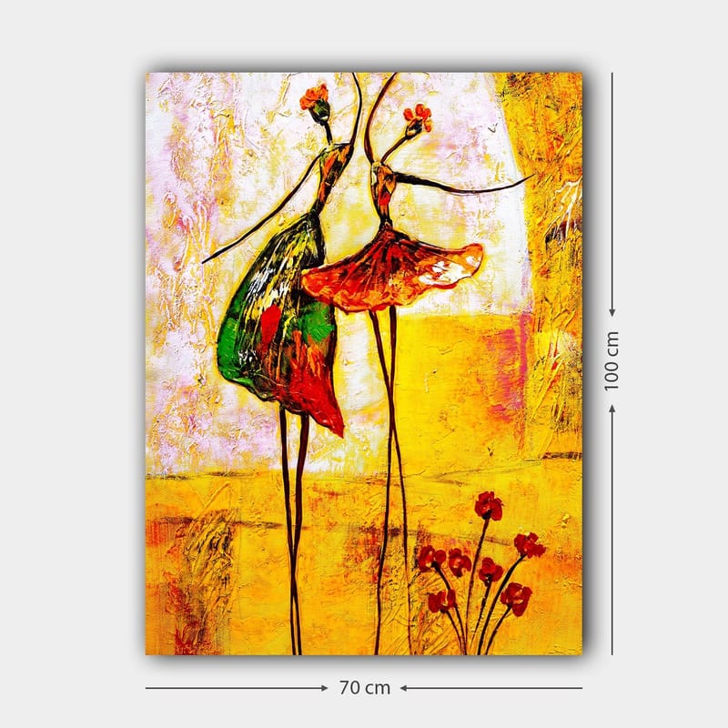 Lærred 70x100 cm - To stiliserede dansere i farverige kjoler, der udtrykker glæde og bevægelse - Rød / Grøn / Gul - Boligtilbehør - Billeder & kunst - Billeder på lærred