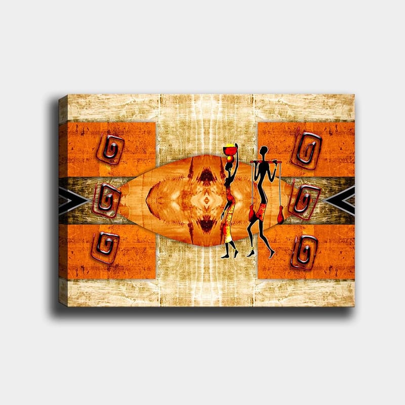 Lærred 70x100 cm - To stiliserede figurer, der bærer fartøjer, omgivet af abstrakte mønstre i varme farver, Orange / Rød / Sort
