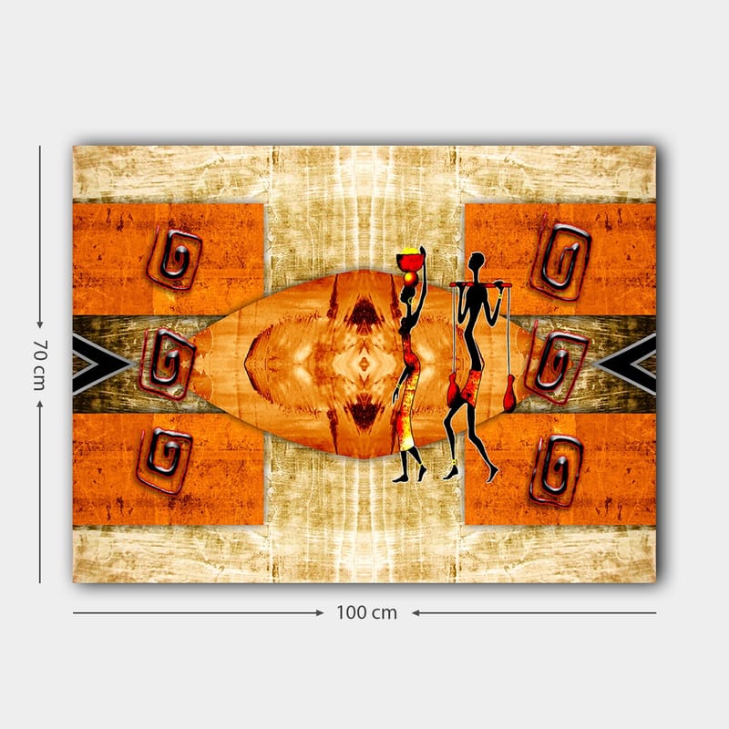 Lærred 70x100 cm - To stiliserede figurer, der bærer fartøjer, omgivet af abstrakte mønstre i varme farver - Orange / Rød / Sort - Boligtilbehør - Billeder & kunst - Billeder på lærred