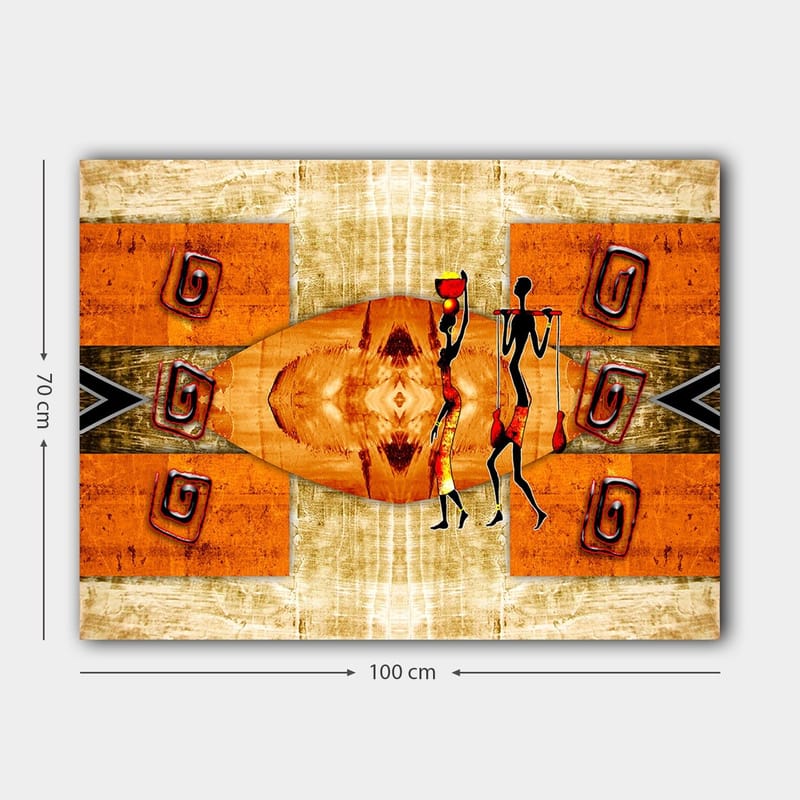Lærred 70x100 cm - To stiliserede figurer, der bærer fartøjer, omgivet af abstrakte mønstre i varme farver - Orange / Rød / Sort - Boligtilbehør - Billeder & kunst - Billeder på lærred