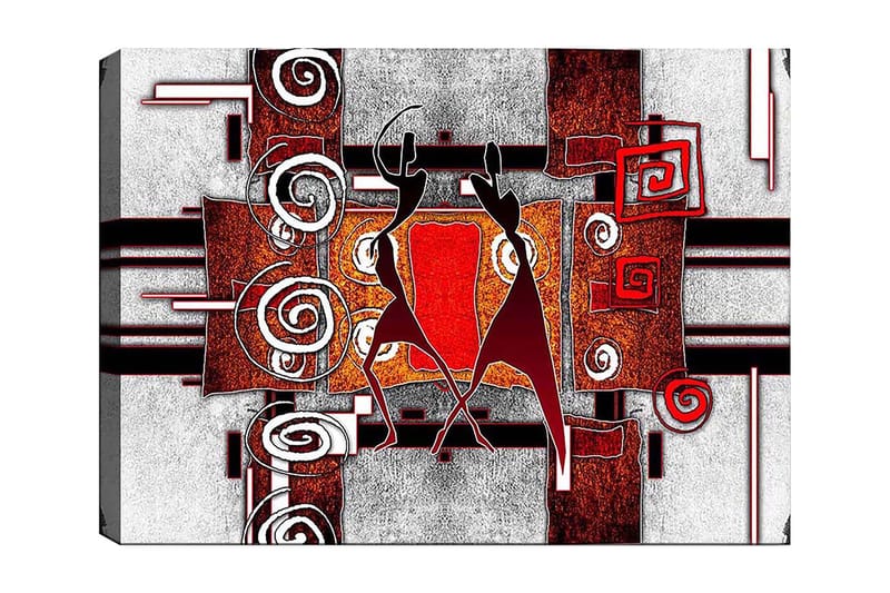 Lærred 70x100 cm - To stiliserede figurer, der danser i en abstrakt komposition med spiraler og geometriske former, Rød / Brun / Sort