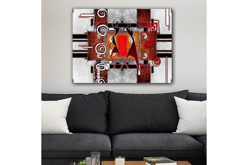 Lærred 70x100 cm - To stiliserede figurer, der danser i en abstrakt komposition med spiraler og geometriske former - Rød / Brun / Sort - Boligtilbehør - Billeder & kunst - Billeder på lærred