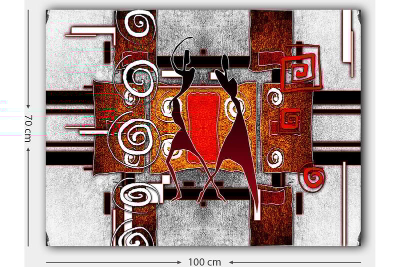 Lærred 70x100 cm - To stiliserede figurer, der danser i en abstrakt komposition med spiraler og geometriske former - Rød / Brun / Sort - Boligtilbehør - Billeder & kunst - Billeder på lærred