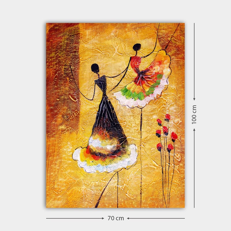 Lærred 70x100 cm - To stiliserede kvinder i farverige kjoler danser sammen - Guld / Sort / Rød - Boligtilbehør - Billeder & kunst - Billeder på lærred