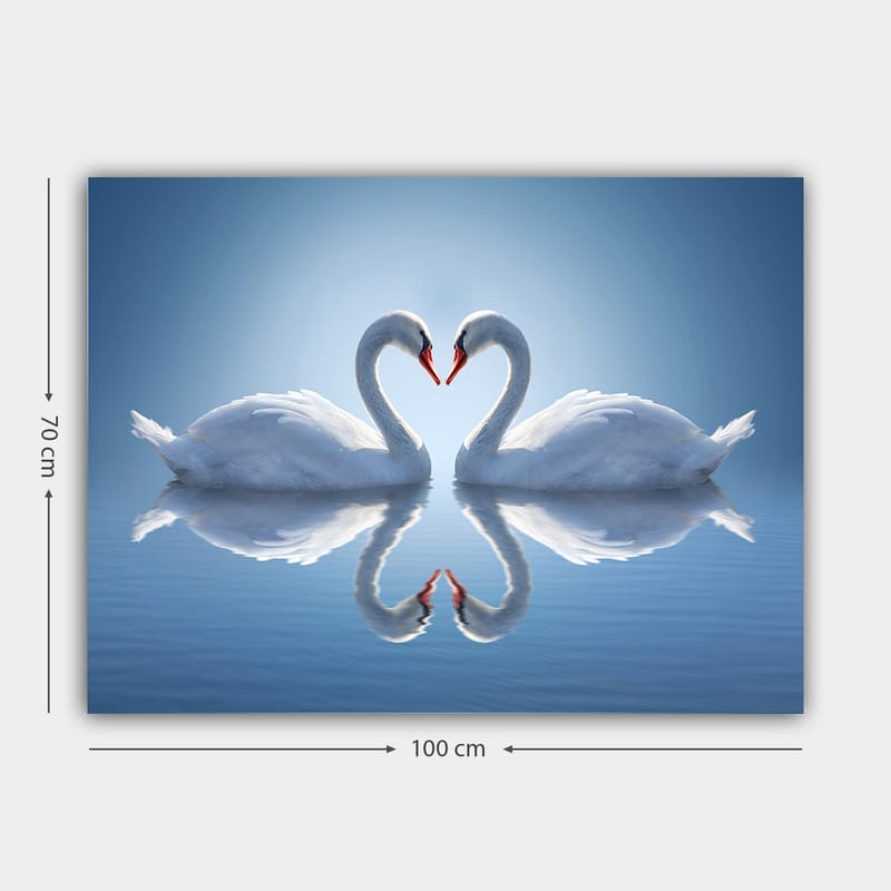 Lærred 70x100 cm - To svaner danner et hjerte med deres halse spejlvendt på vandet - Hvid / Rød / Blå - Boligtilbehør - Billeder & kunst - Billeder på lærred