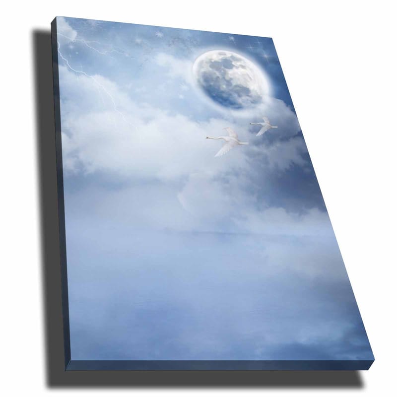Lærred 70x100 cm - To svaner der flyver under en stor måne på en drømmende, overskyet himmel, Lyseblå / Hvid / Mørkeblå