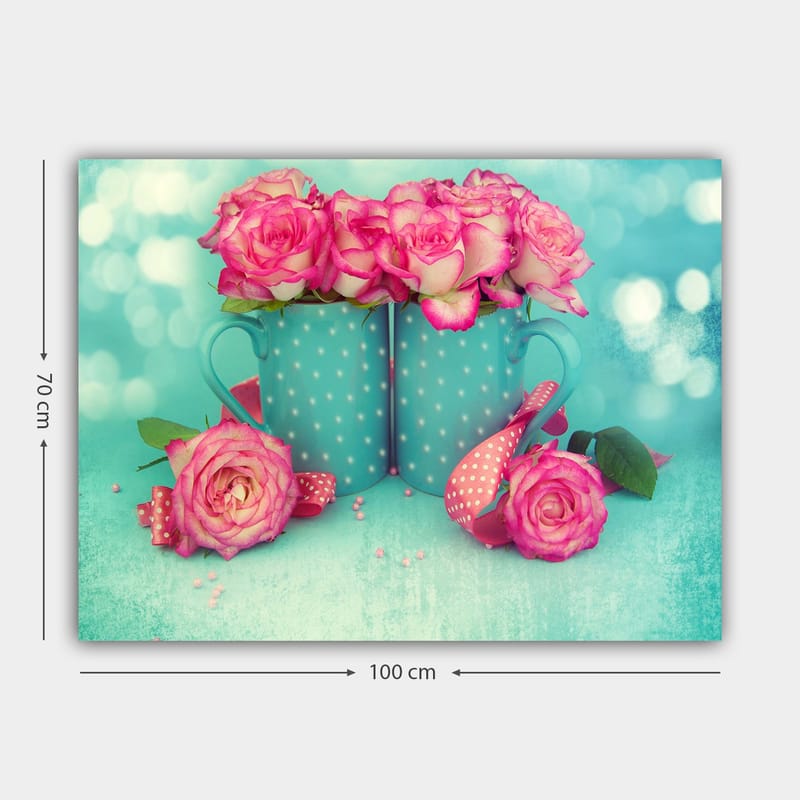 Lærred 70x100 cm - To turkise krus fyldt med lyserøde roser - Turkis / Lyserød - Boligtilbehør - Billeder & kunst - Billeder på lærred