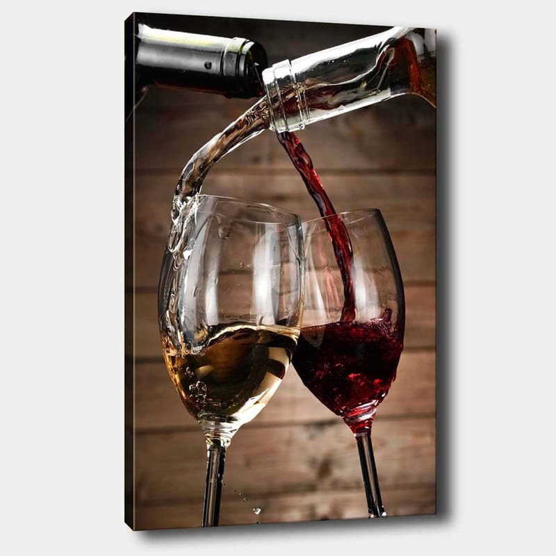 Lærred 70x100 cm - To vinglas der skåler med hvid- og rødvin der hældes i dem, Guld / Rød