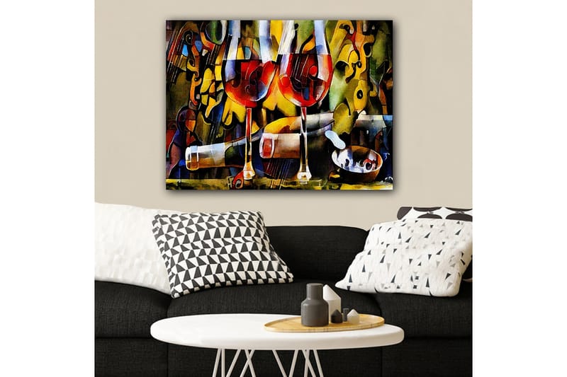 Lærred 70x100 cm - To vinglas med rød væske omgivet af abstrakte musikalske og farverige elementer - Rød / Gul / Grøn - Boligtilbehør - Billeder & kunst - Billeder på lærred