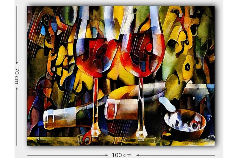 Lærred 70x100 cm - To vinglas med rød væske omgivet af abstrakte musikalske og farverige elementer - Rød / Gul / Grøn - Boligtilbehør - Billeder & kunst - Billeder på lærred
