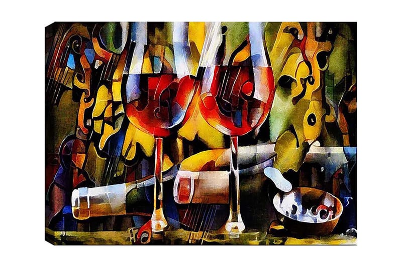 Lærred 70x100 cm - To vinglas med rød væske omgivet af abstrakte musikalske og farverige elementer, Rød / Gul / Grøn