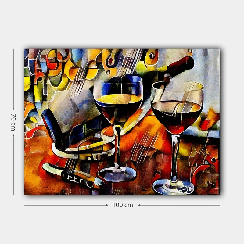 Lærred 70x100 cm - To vinglas med rødvin og en flaske vin, omgivet af musikalske elementer - Rød / Gul / Blå - Boligtilbehør - Billeder & kunst - Billeder på lærred