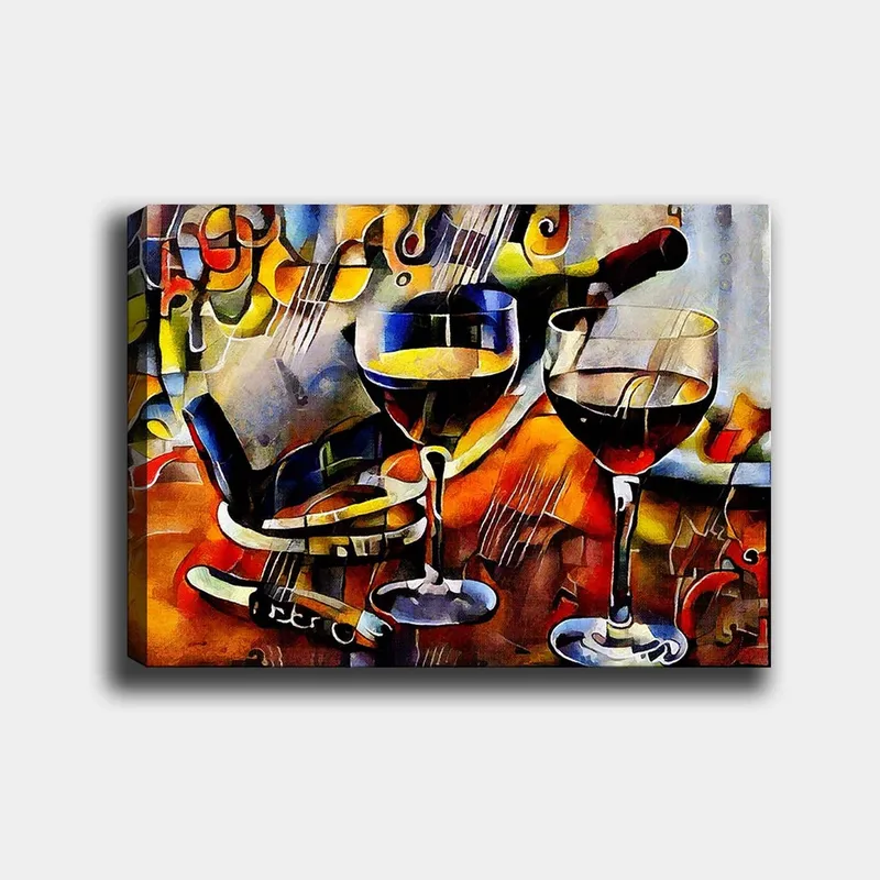 Lærred 70x100 cm - To vinglas med rødvin og en flaske vin, omgivet af musikalske elementer - Rød / Gul / Blå - Boligtilbehør - Billeder & kunst - Billeder på lærred
