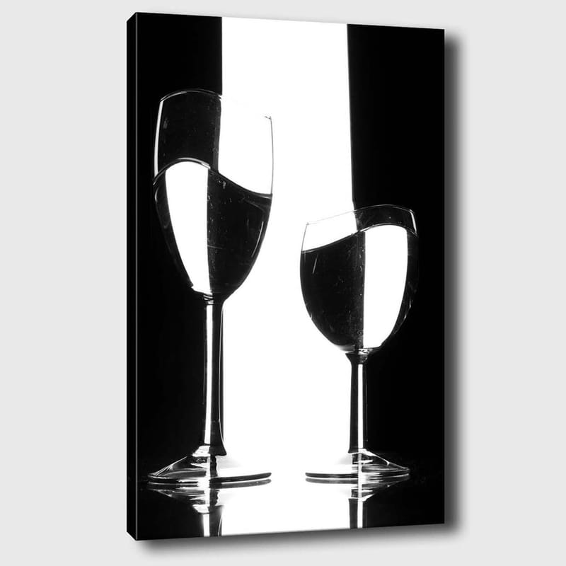 Lærred 70x100 cm - To vinglas med refleksioner og vand i en minimalistisk sort-hvid komposition, Sort / Hvid / Gennemsigtig