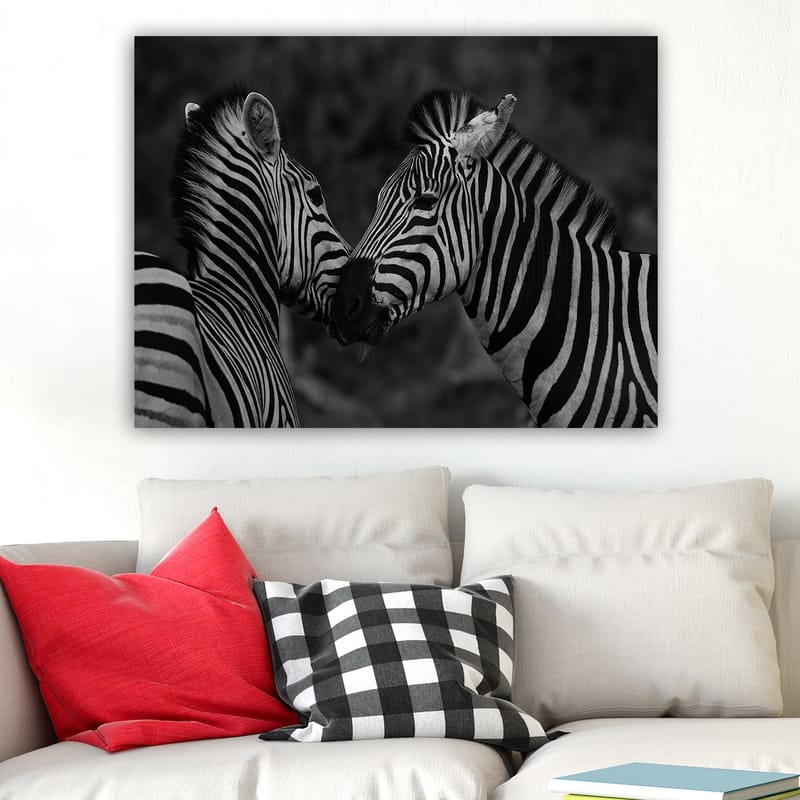 Lærred 70x100 cm - To zebraer står tæt på hinanden og viser deres fællesskab - Sort / Hvid - Boligtilbehør - Billeder & kunst - Billeder på lærred