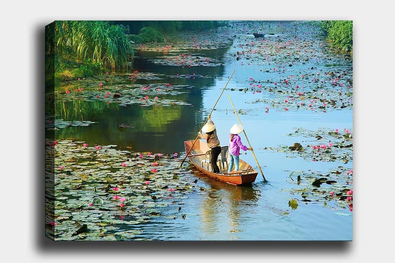Lærred 70x100 cm - To personer padler i båd gennem en sø med åkander og blomster, Grøn / Lyserød / Blå