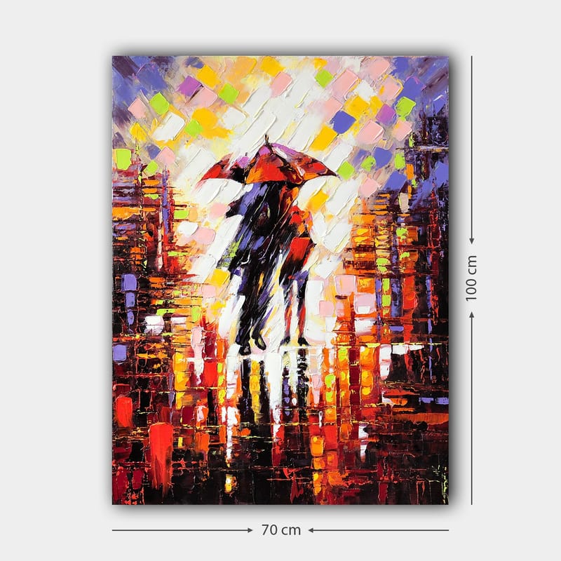 Lærred 70x100 cm - To personer med en paraply stående i et regnfuldt bymiljø - Rød / Sort / Orange - Boligtilbehør - Billeder & kunst - Billeder på lærred