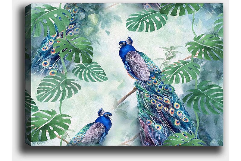 Lærred 70x100 cm - To påfugle sidder blandt grønne planter i et levende og farverigt miljø - Blå / Grøn / Turkis - Boligtilbehør - Billeder & kunst - Billeder på lærred