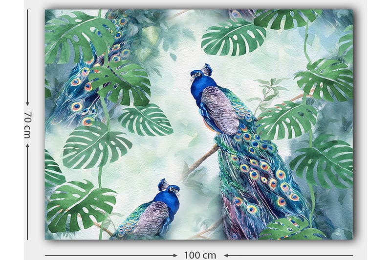 Lærred 70x100 cm - To påfugle sidder blandt grønne planter i et levende og farverigt miljø - Blå / Grøn / Turkis - Boligtilbehør - Billeder & kunst - Billeder på lærred