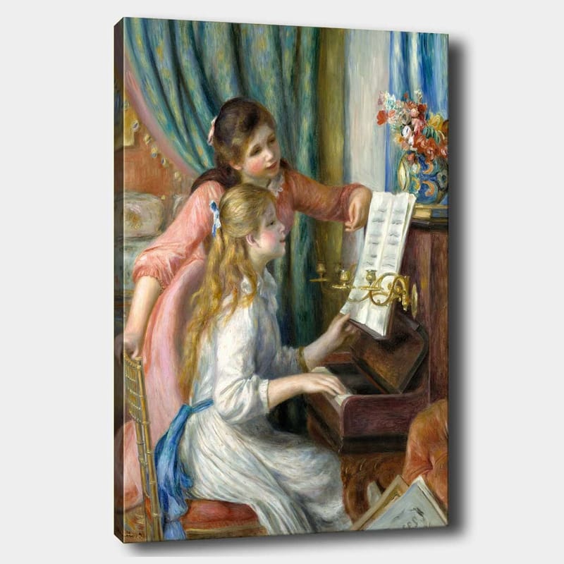 Lærred 70x100 cm - To piger spiller klaver sammen, en pige peger på noderne, Lyserød / Hvid / Blå