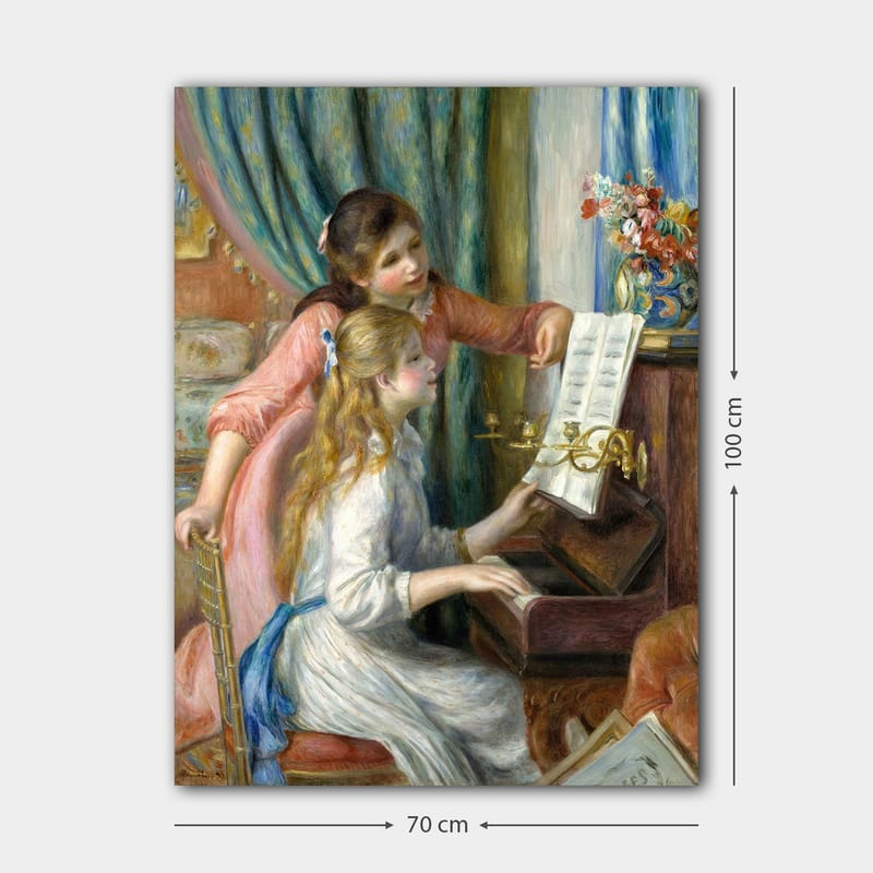 Lærred 70x100 cm - To piger spiller klaver sammen, en pige peger på noderne - Lyserød / Hvid / Blå - Boligtilbehør - Billeder & kunst - Billeder på lærred