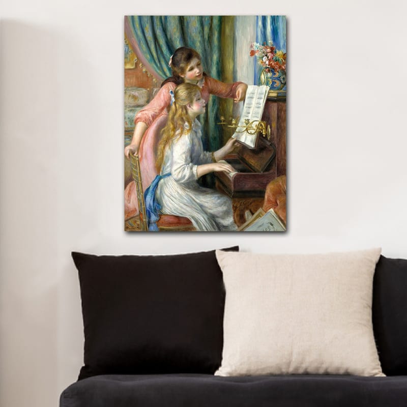 Lærred 70x100 cm - To piger spiller klaver sammen, en pige peger på noderne - Lyserød / Hvid / Blå - Boligtilbehør - Billeder & kunst - Billeder på lærred