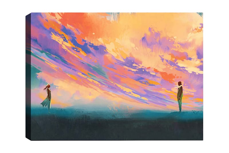 Lærred 70x100 cm - To personer stående på et åbent område under en farverig himmel, Lilla / Orange / Turkis