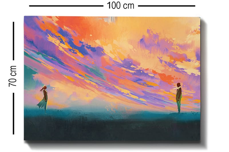 Lærred 70x100 cm - To personer stående på et åbent område under en farverig himmel - Lilla / Orange / Turkis - Boligtilbehør - Billeder & kunst - Billeder på lærred