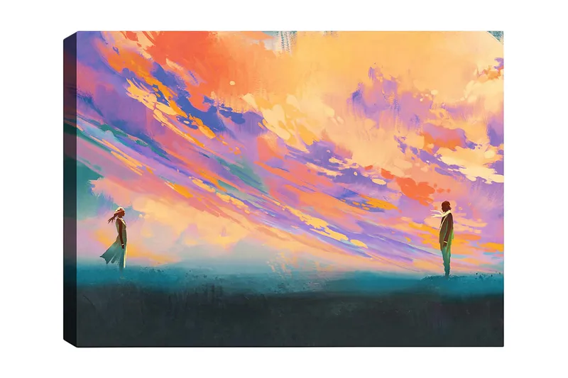 Lærred 70x100 cm - To personer stående på et åbent område under en farverig himmel, Lilla / Orange / Turkis