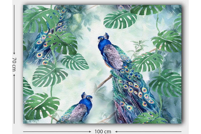Lærred 70x100 cm - To påfugle sidder blandt grønne planter i et levende og farverigt miljø - Blå / Grøn / Turkis - Boligtilbehør - Billeder & kunst - Billeder på lærred