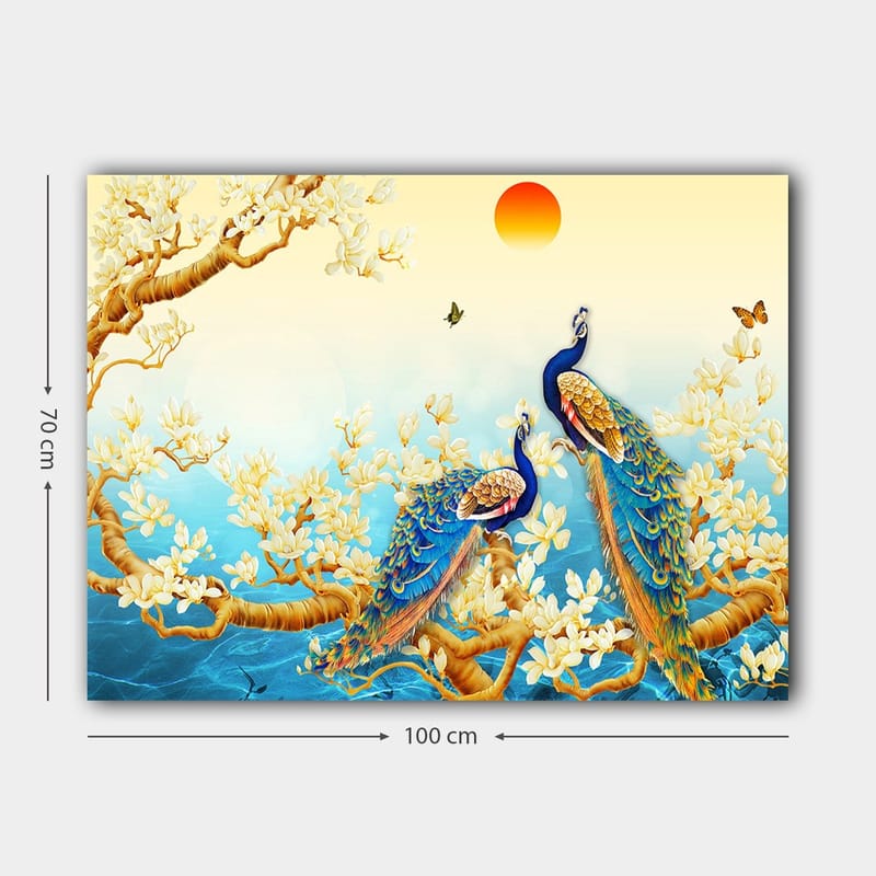 Lærred 70x100 cm - To påfugle stående på en gren omgivet af blomster og vand - Blå / Guld / Hvid - Boligtilbehør - Billeder & kunst - Billeder på lærred