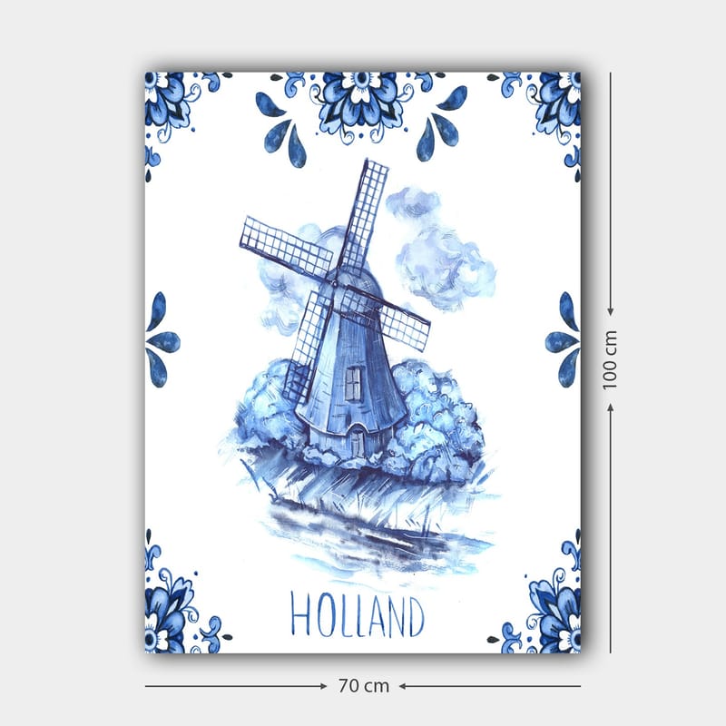 Lærred 70x100 cm - Traditionel hollandsk vindmølle omgivet af blå blomster og skyer - Blå / Hvid - Boligtilbehør - Billeder & kunst - Billeder på lærred