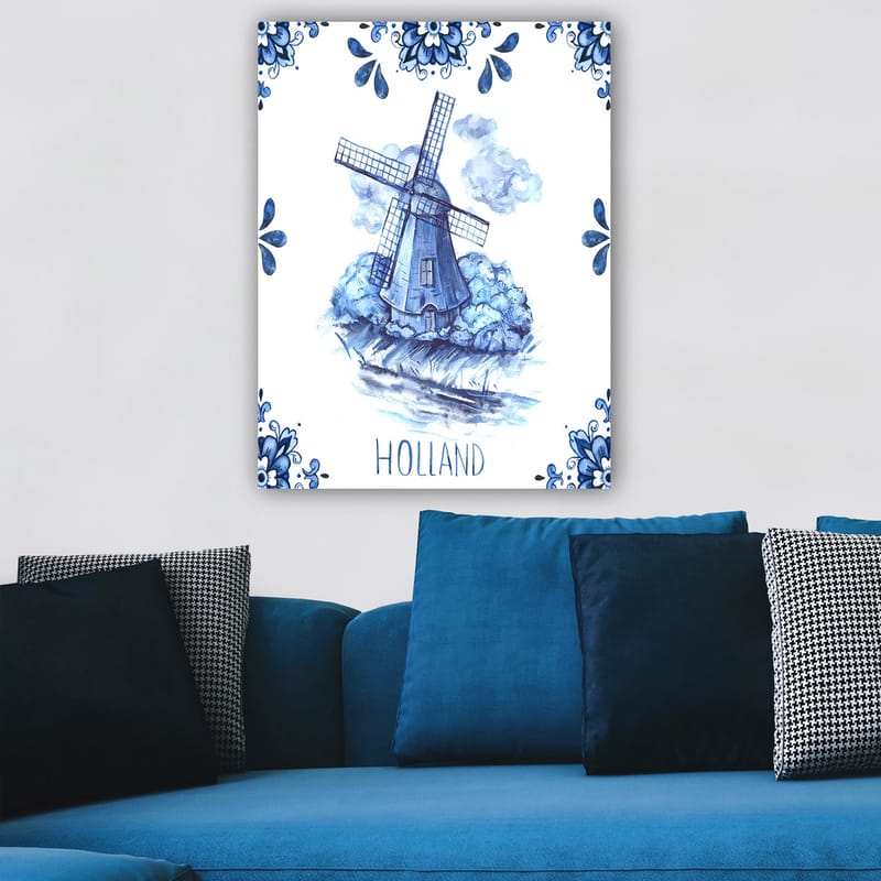 Lærred 70x100 cm - Traditionel hollandsk vindmølle omgivet af blå blomster og skyer - Blå / Hvid - Boligtilbehør - Billeder & kunst - Billeder på lærred