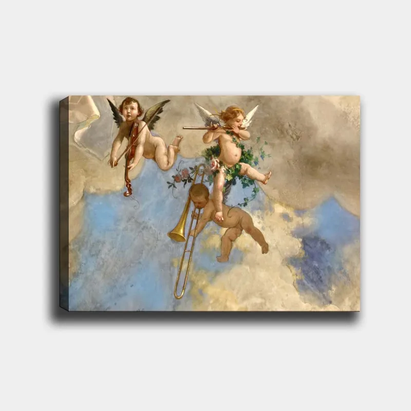 Lærred 70x100 cm - Tre engle spiller musik i en drømmeagtig himmel, Blå / Beige / Lyserød