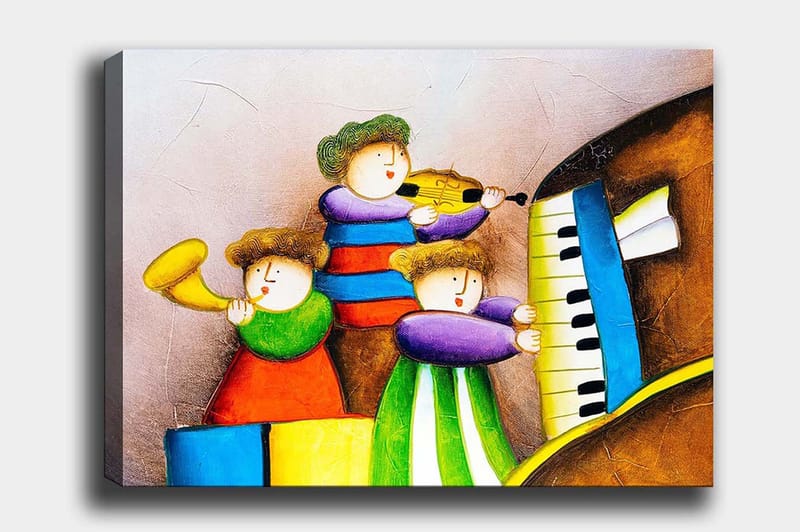 Lærred 70x100 cm - Tre glade børn spiller musik med forskellige instrumenter, Grøn / Rød / Blå