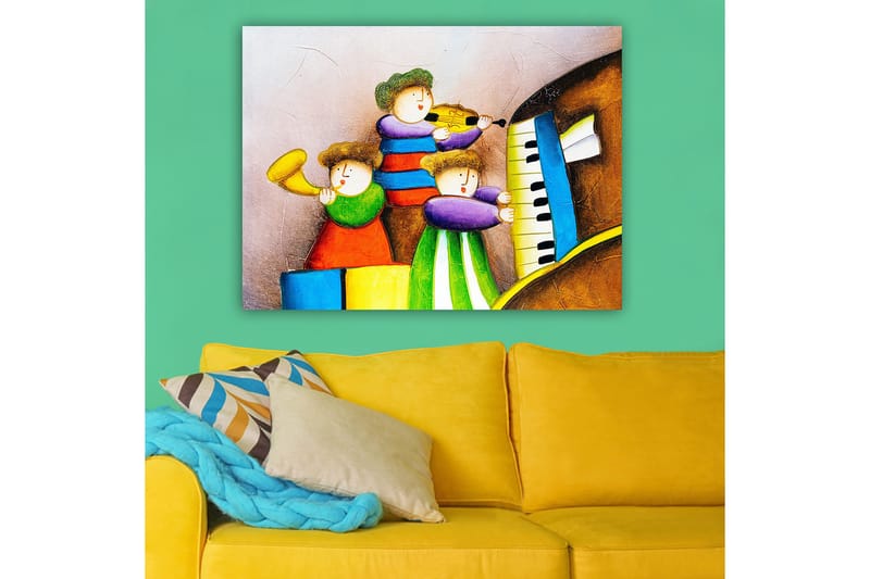 Lærred 70x100 cm - Tre glade børn spiller musik med forskellige instrumenter - Grøn / Rød / Blå - Boligtilbehør - Billeder & kunst - Billeder på lærred